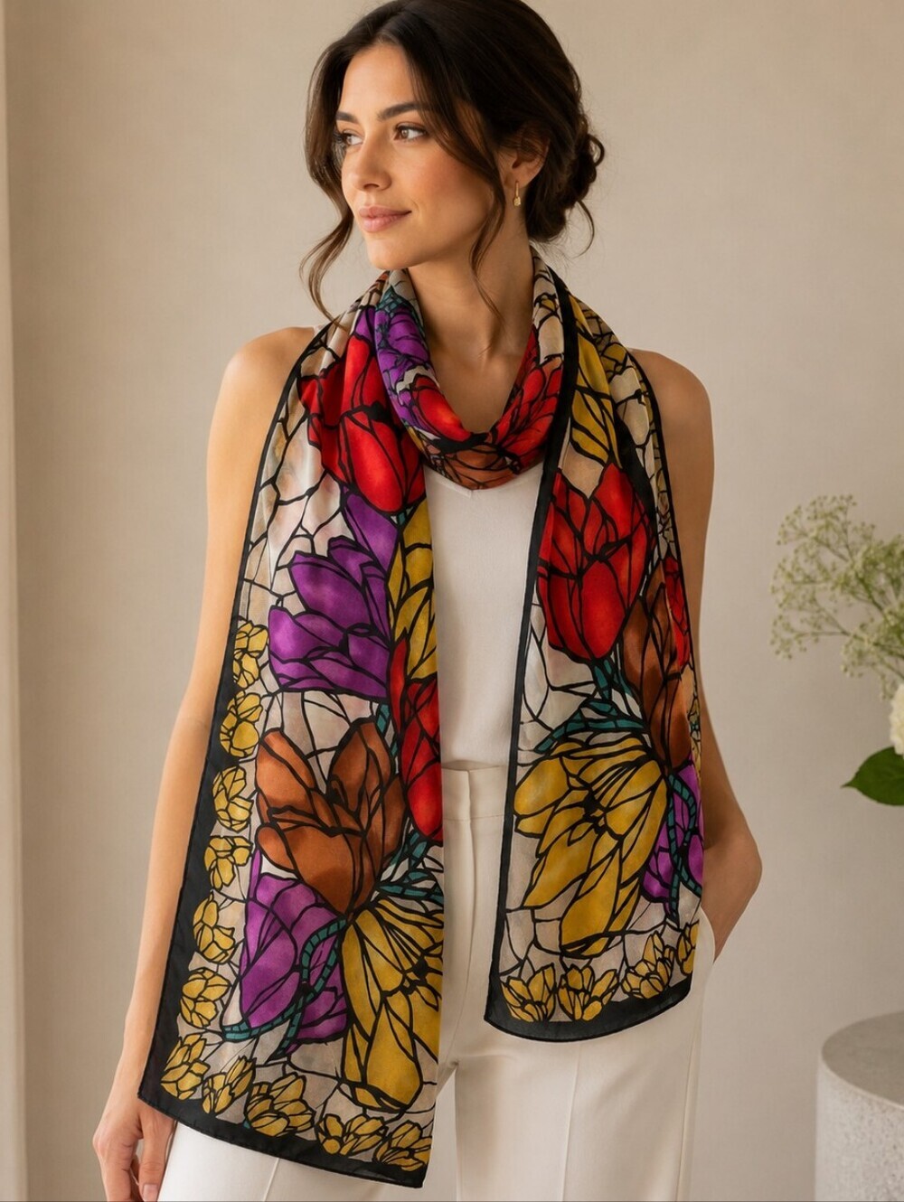 1960'S VINTAGE SILK SCARF BY THE SPECIALITY HOUSE0 STAINED GLASS WINDOW TULIPS
